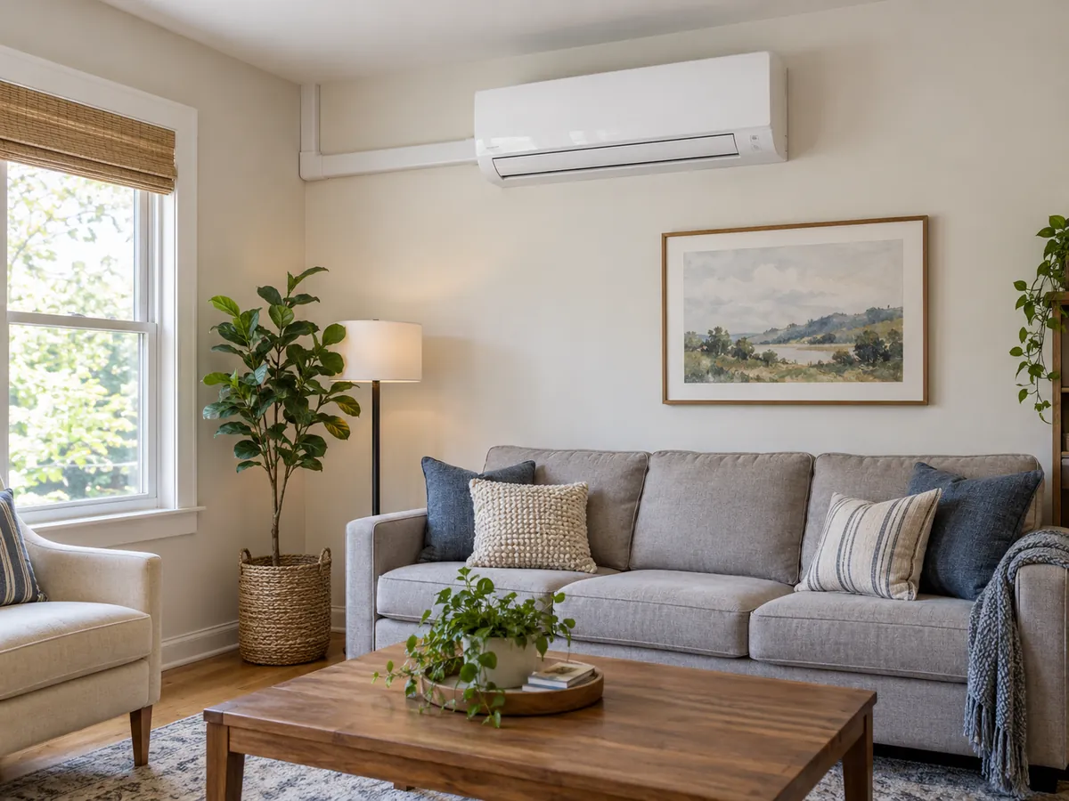 Wall-mounted ductless heat pump indoor unit with covered line-set in an unoccupied living room