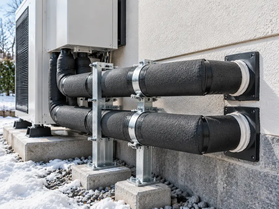 Weather-protected insulated monobloc water pipes, support brackets and sealed wall penetrations in winter