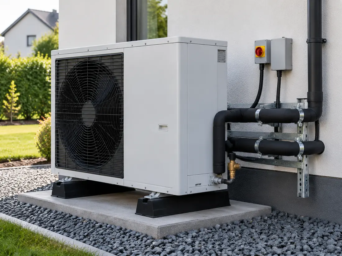 Outdoor air source heat pump with insulated water pipe connections beside a house