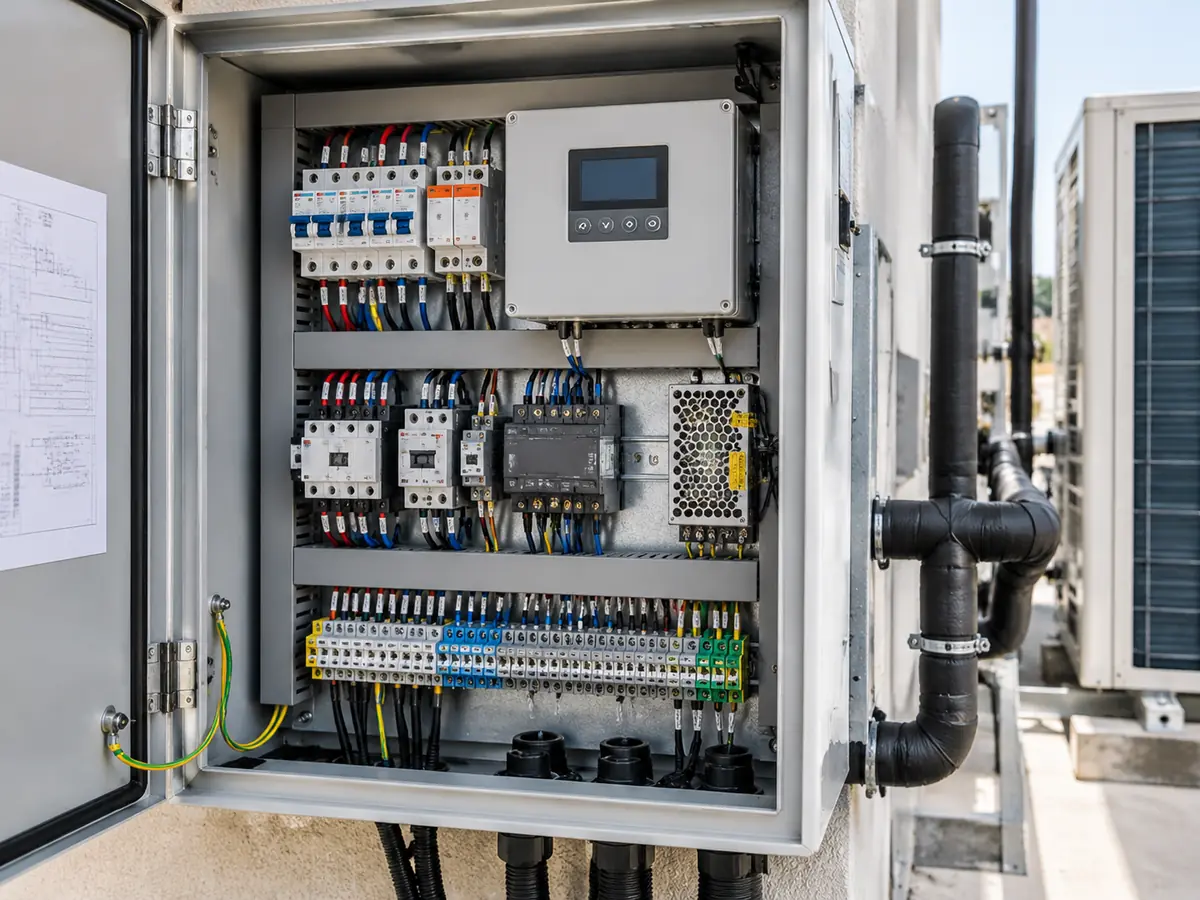 Open heat pump control cabinet with terminal blocks, breakers and wiring in a service enclosure