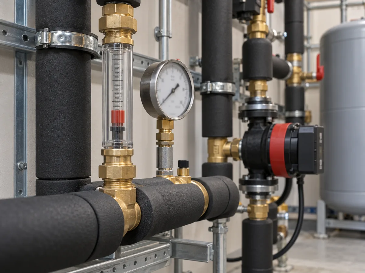 Hydronic heat pump pipework with a flow meter and pressure gauge in an unoccupied mechanical room