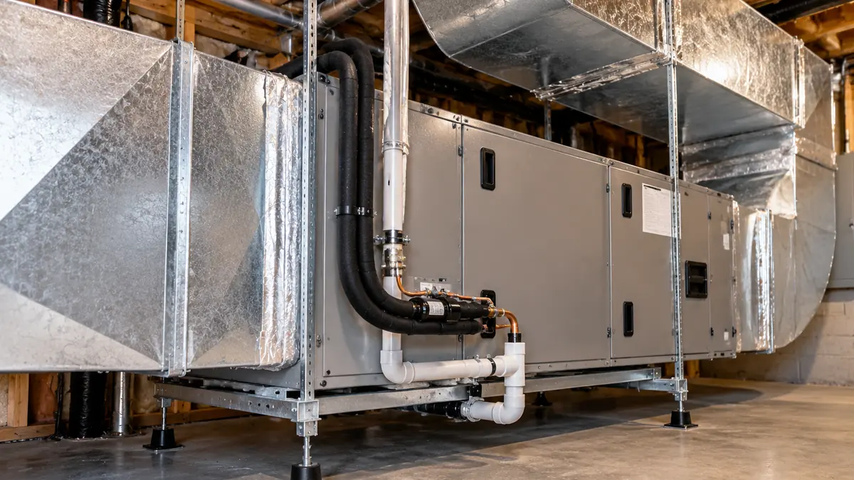 Indoor air handler and insulated supply and return ductwork in an unoccupied mechanical room