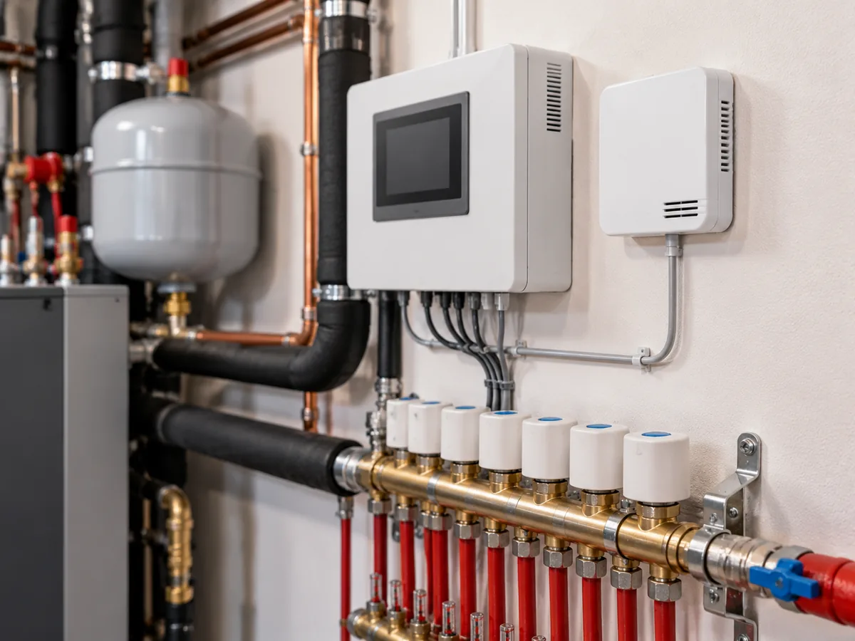Humidity sensor and hydronic radiant cooling control equipment beside a water manifold