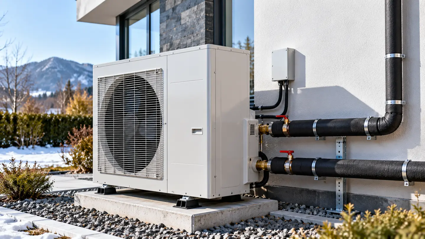 Outdoor air-to-water heat pump connected to insulated hydronic piping beside a building