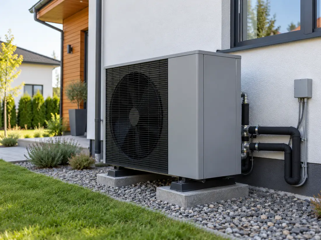 Illustrative scene: air-to-water heat pump installed outdoors beside a residential building