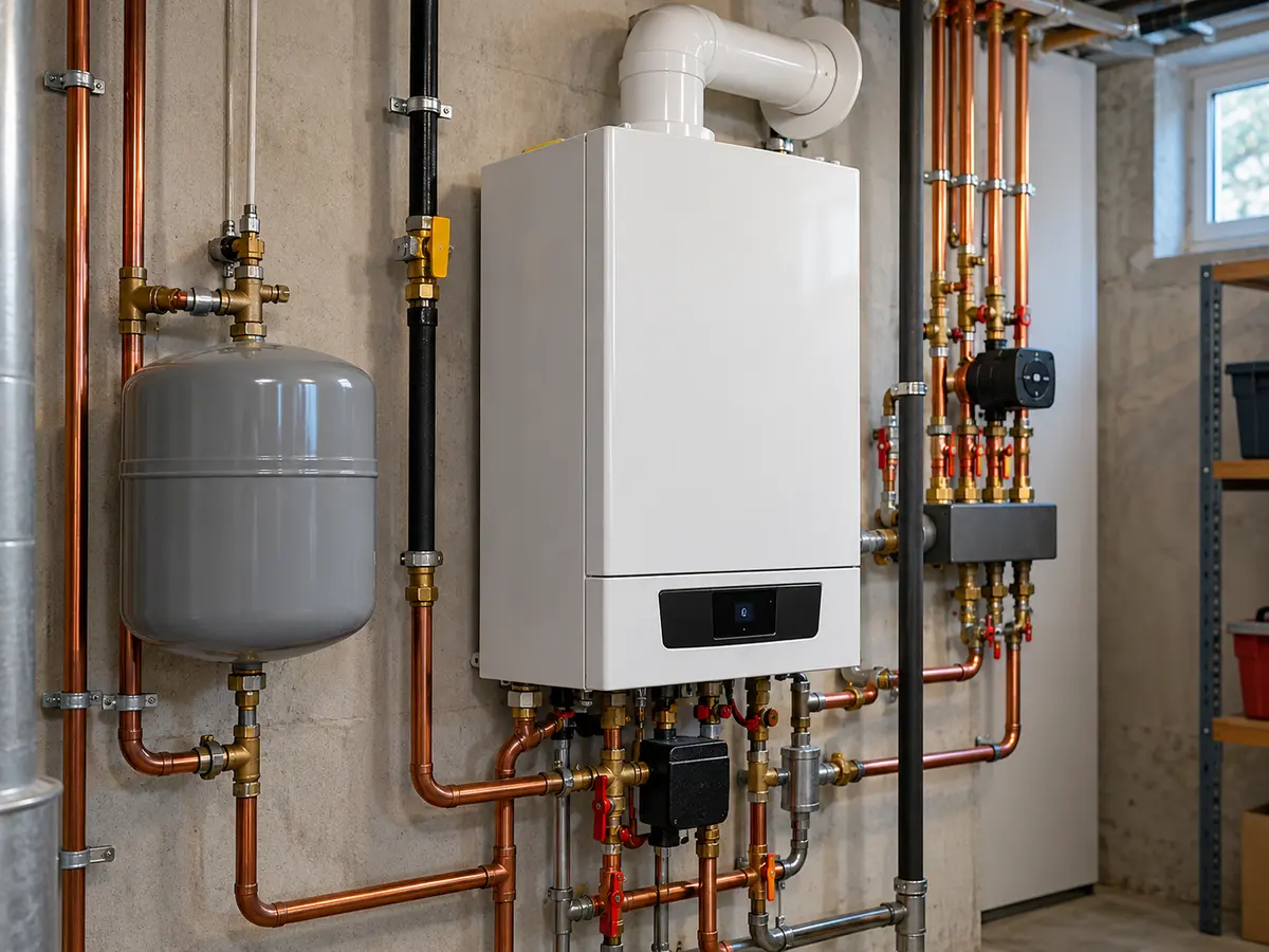Illustrative scene: condensing gas boiler installed in a residential utility room