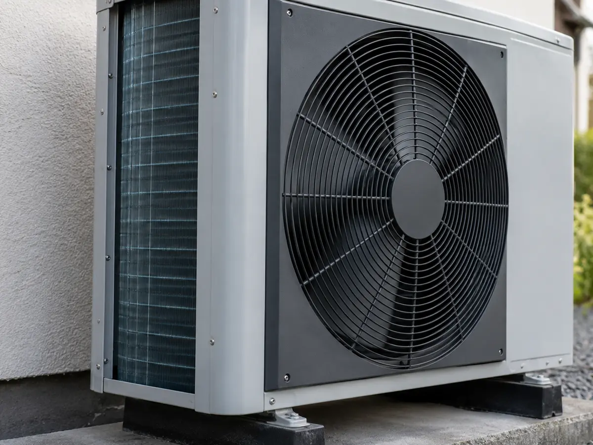 Illustrative scene: outdoor heat pump fan grille and heat-exchanger coil