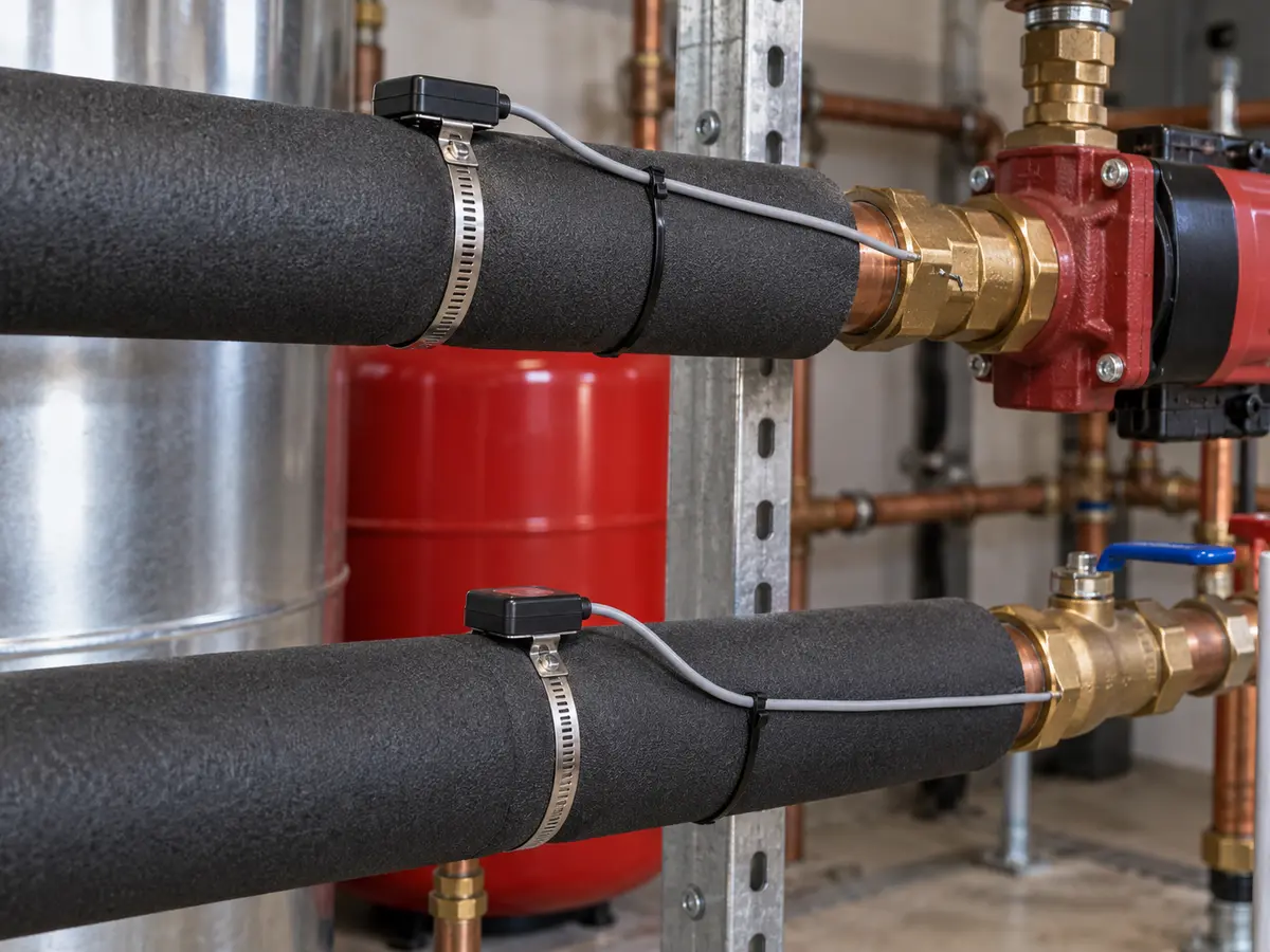 Illustrative scene: temperature sensors fitted to insulated heating-water pipes