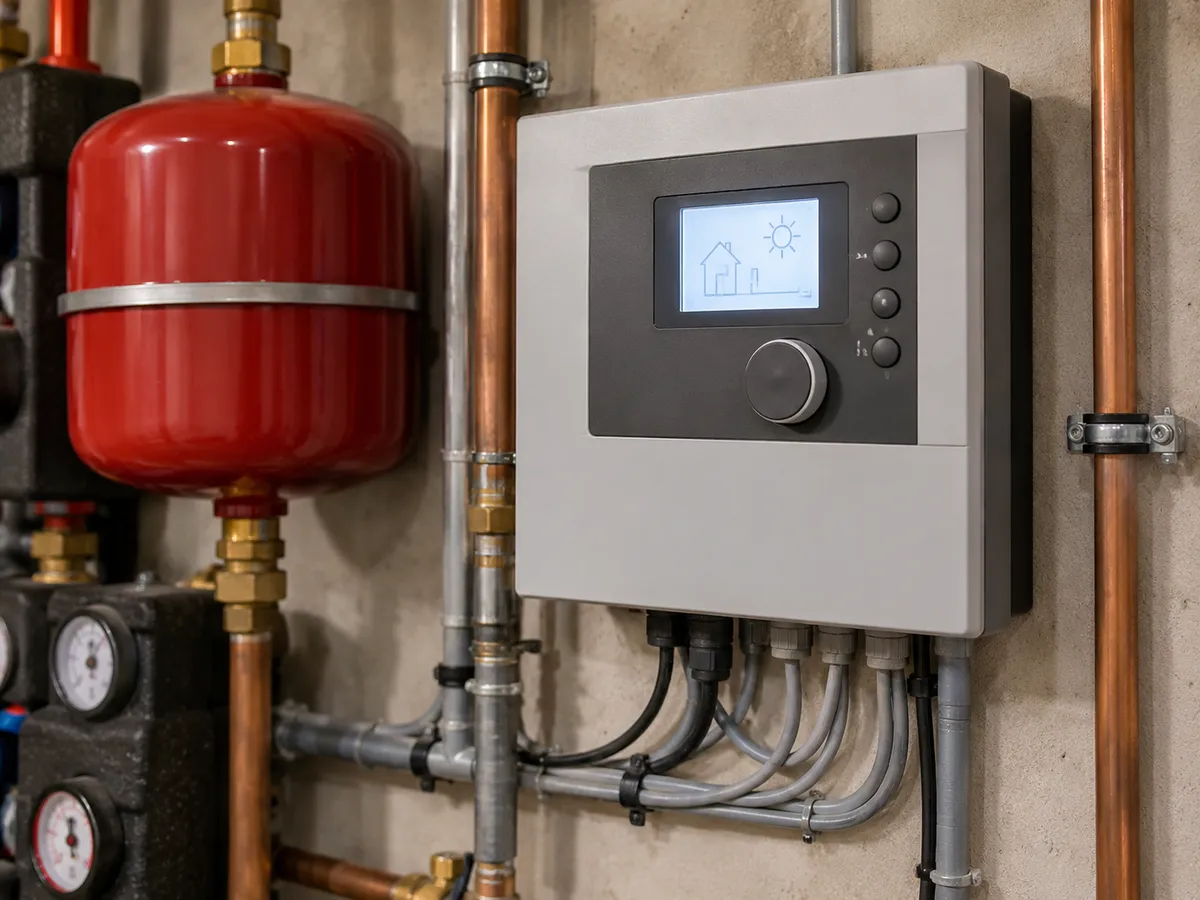 Illustrative scene: heating system controller installed beside hydronic pipework