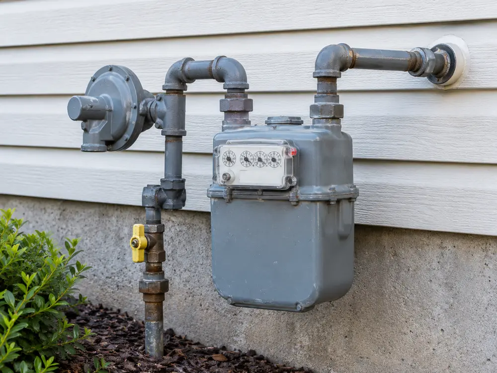 Illustrative scene: natural gas meter with supply pipework on a residential wall