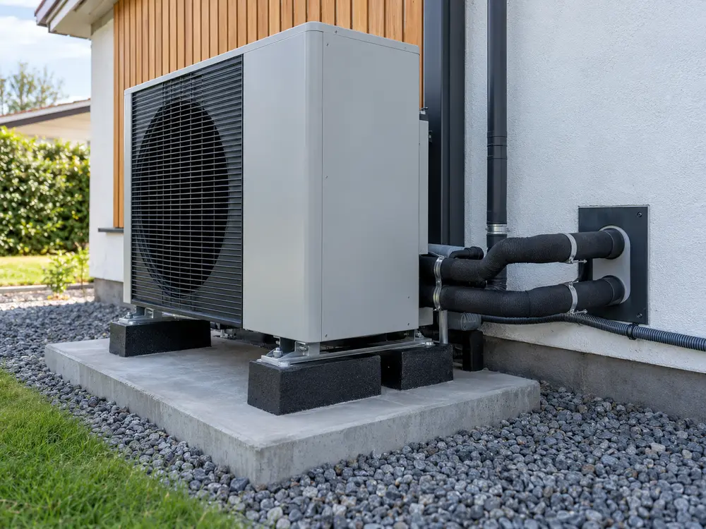 Illustrative scene: heat pump mounted on a base with insulated pipe connections