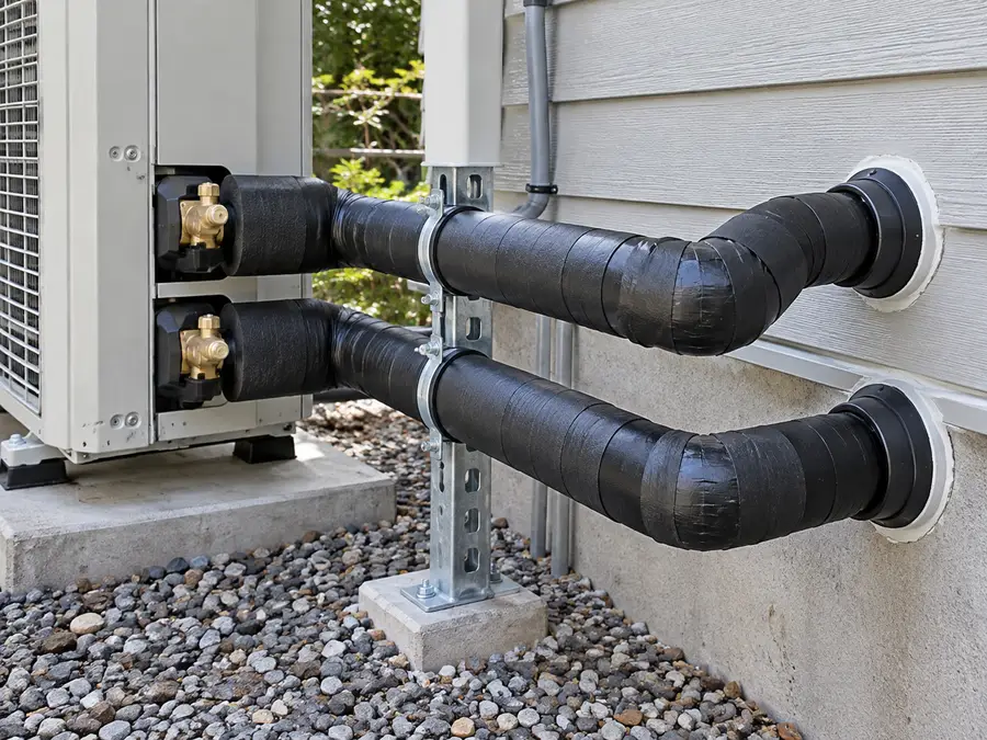 Illustrative scene: insulated hydronic water pipes connected outside a heat-pump installation