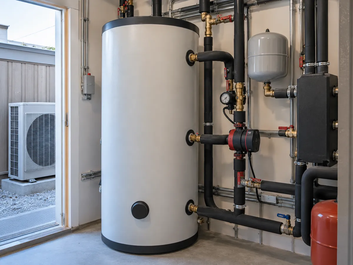 Illustrative scene: hot-water storage cylinder and connected pumps in a utility room