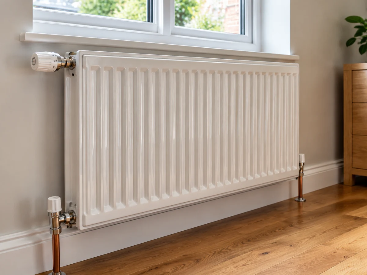 Illustrative scene: panel radiator installed below a window in an existing home