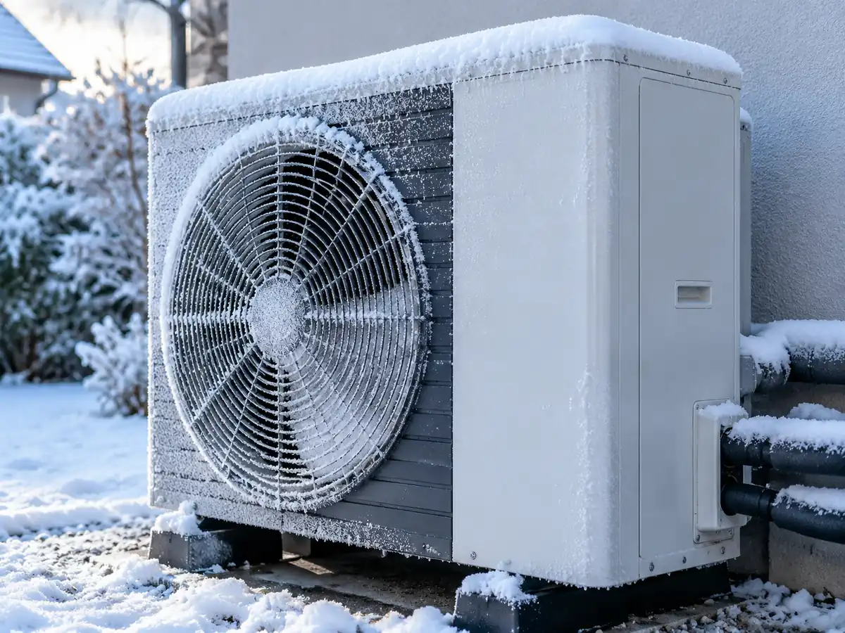 Illustrative scene: frost visible on the outdoor coil of an installed heat pump