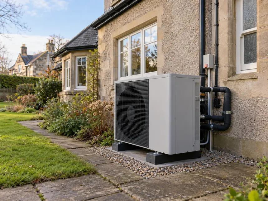 Illustrative scene: outdoor monobloc heat pump beside a residential house