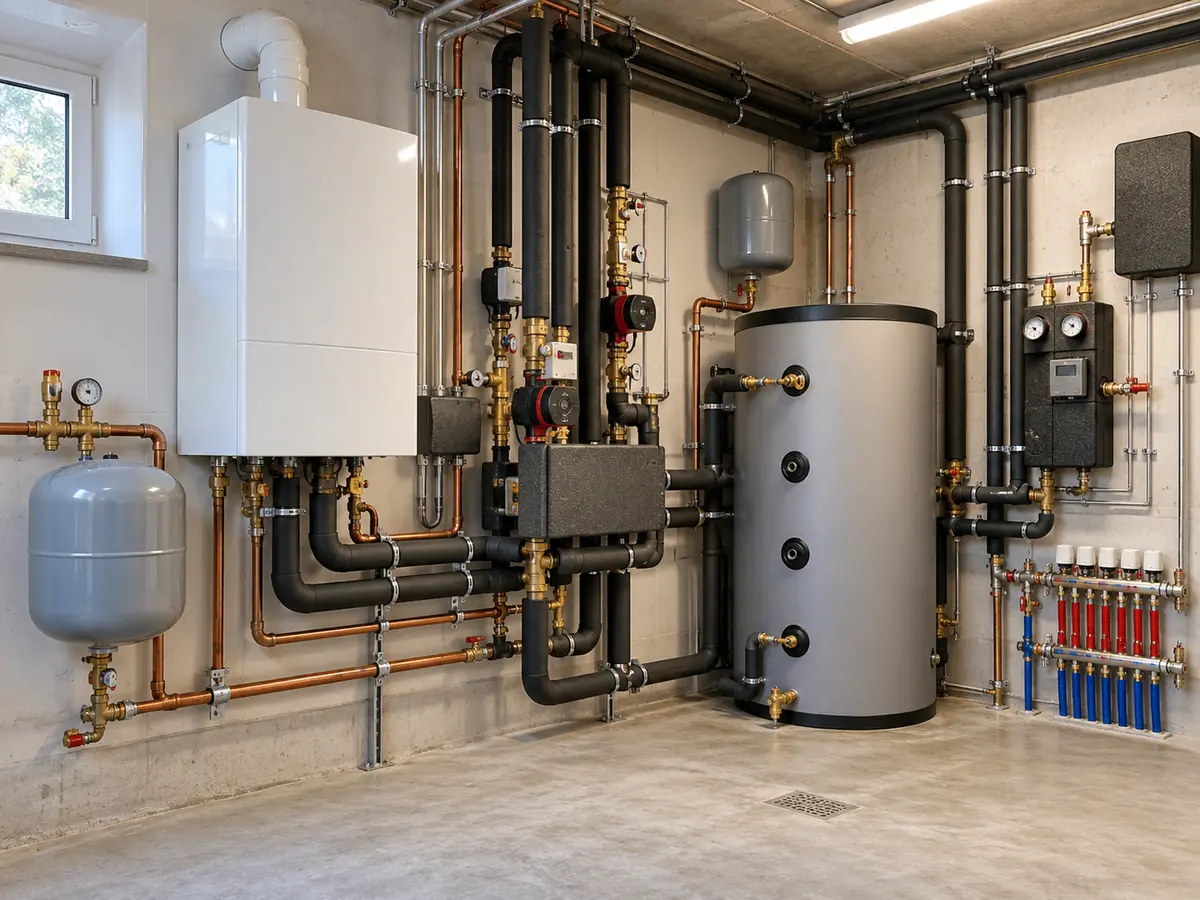 Illustrative scene: heat pump and gas boiler connected in a verified hybrid heating installation