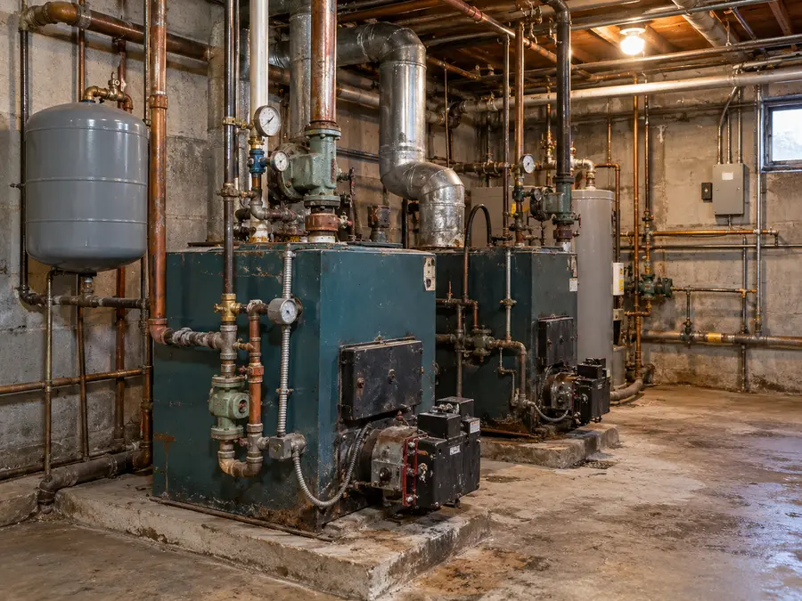 Illustrative scene: heating-system pipework and equipment labels in a utility room