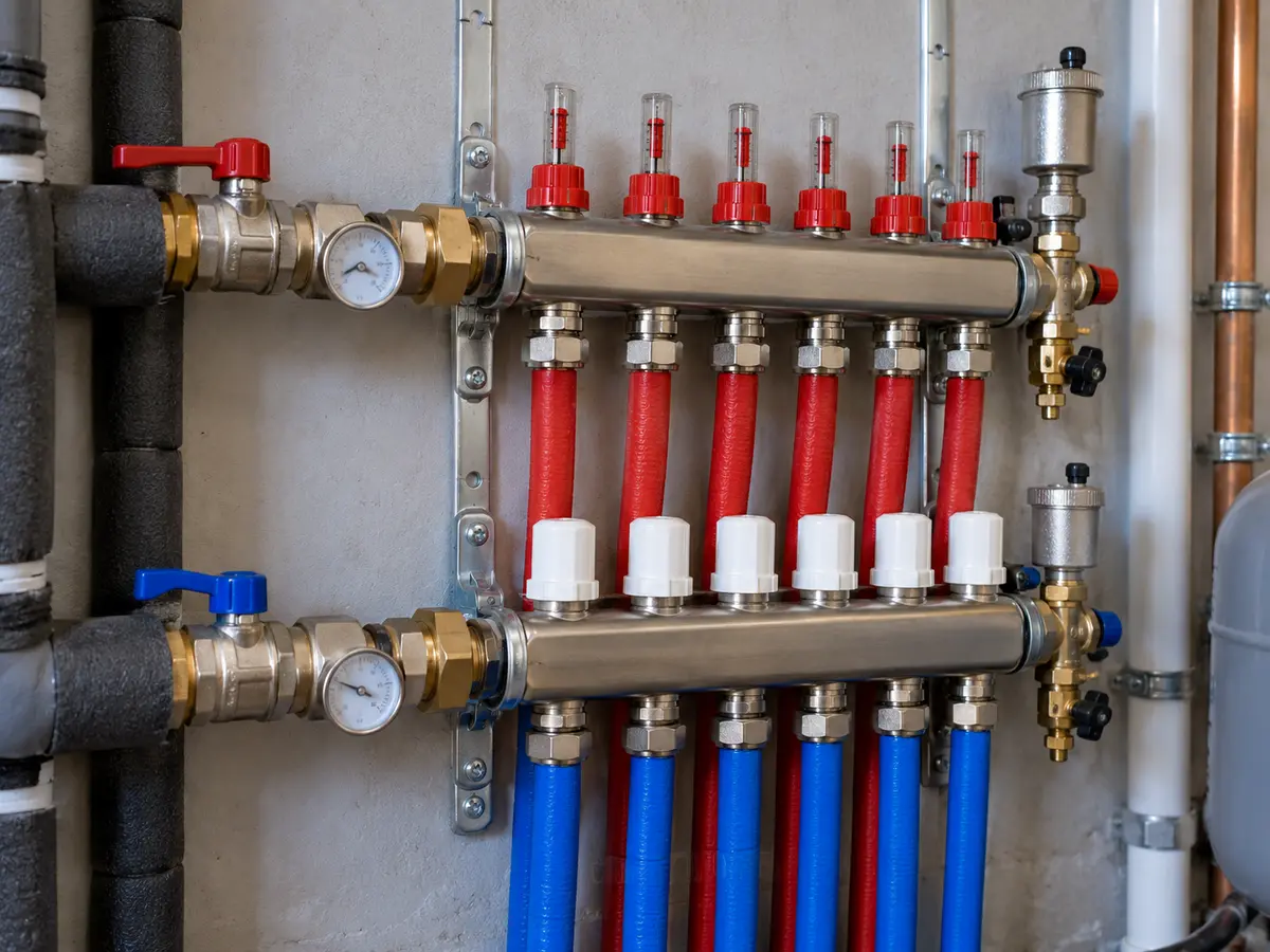 Illustrative scene: flow meter and temperature measurement points on a heating-water circuit