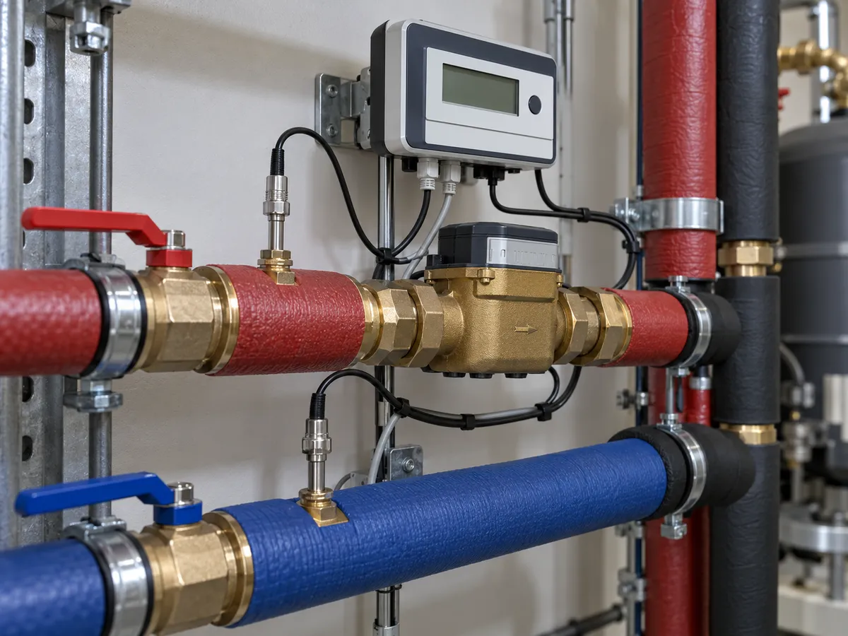 Illustrative scene: installed heat meter and sensors on a hydronic heating circuit