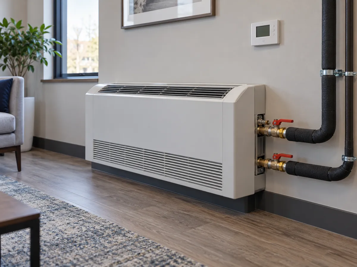 Illustrative scene: installed indoor fan-coil unit used with a hydronic heating and cooling system