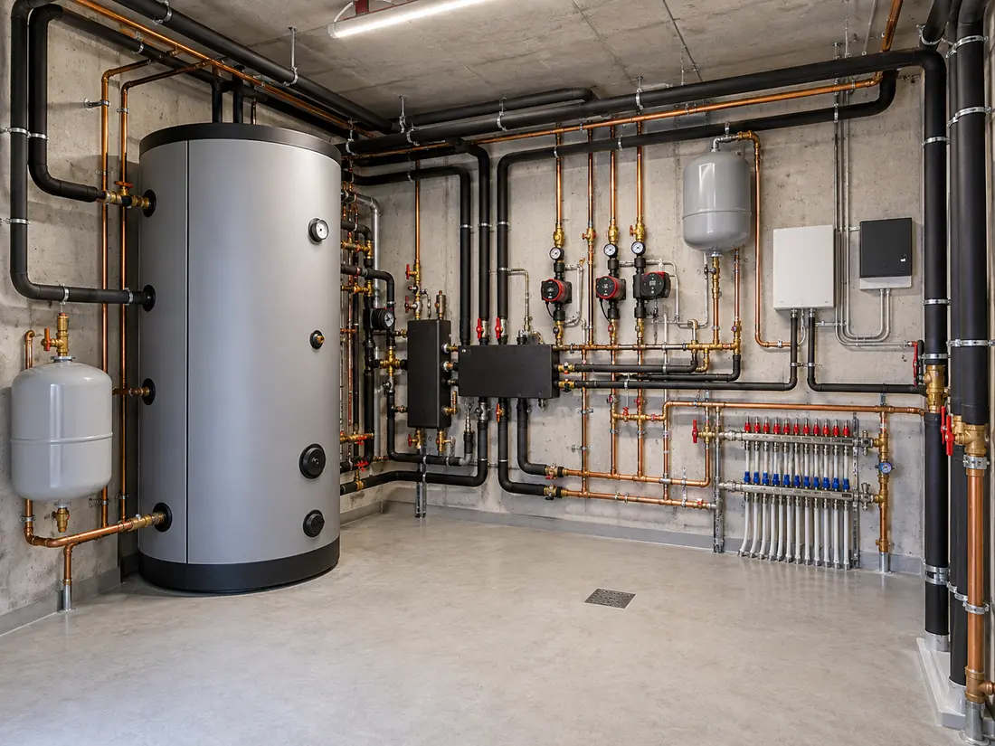 Illustrative scene: completed hydronic heating installation with accessible service connections
