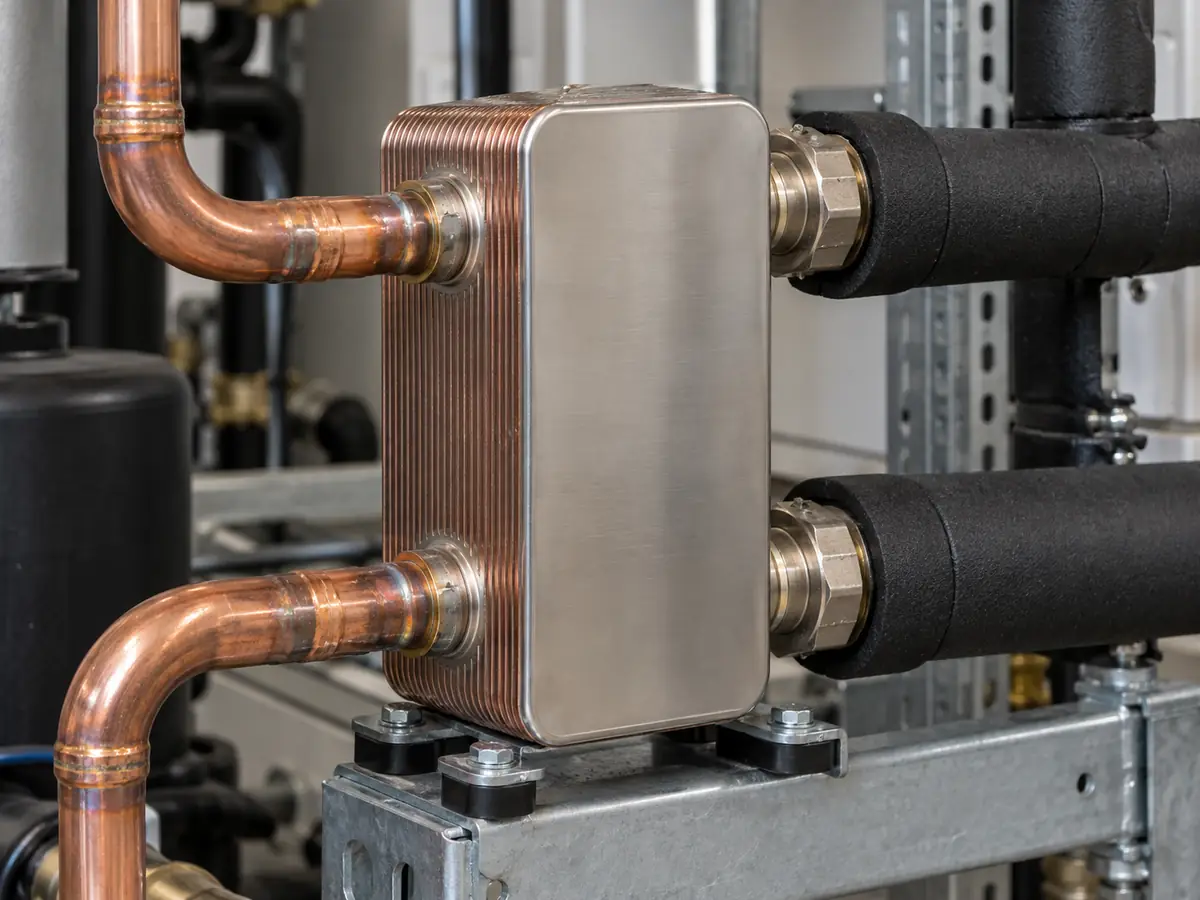 Brazed plate heat exchanger connected to refrigerant and hydronic pipework