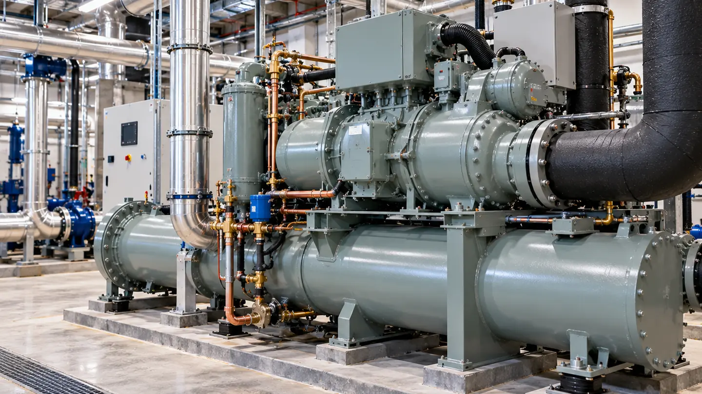 Central chilled-water plant with large chillers, insulated piping and mechanical equipment