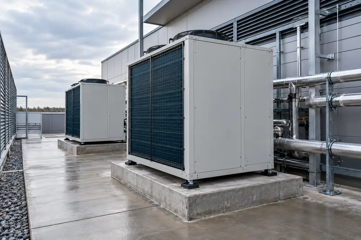 AI-generated illustrative commercial outdoor heat-pump installation with service access and pipework