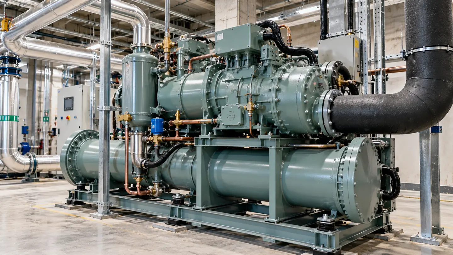 Large screw-compressor chiller package installed in a commercial mechanical room