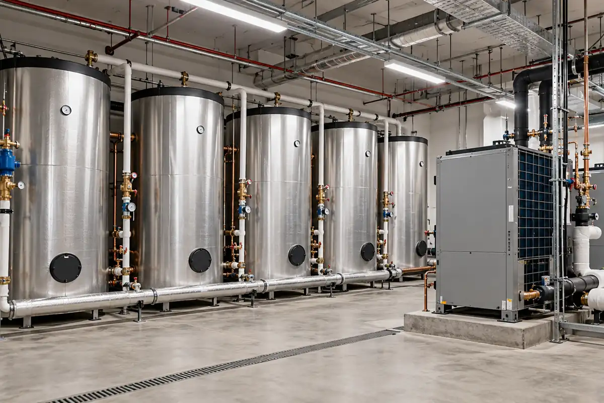 Illustrative commercial water heating equipment room with multiple hot-water storage tanks and heat pump units