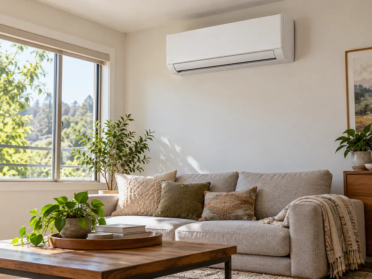 Wall-mounted ductless indoor unit above a sofa in a living room