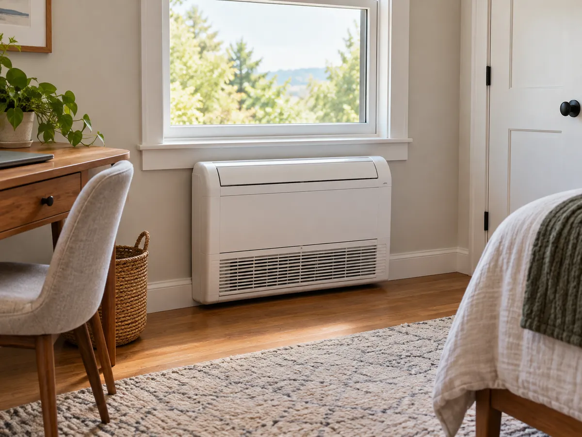 Floor-console indoor mini-split unit beneath a window in a furnished room