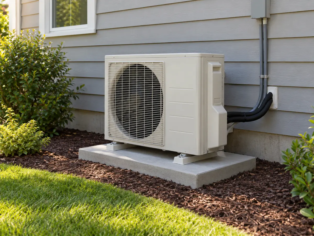 Outdoor mini-split condenser on a concrete pad beside a residential exterior wall