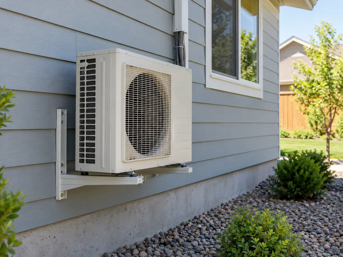 Exterior-mounted ductless outdoor unit and nearby window with refrigerant line routing