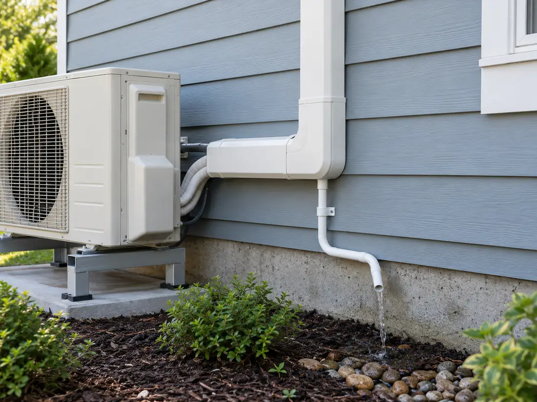 Condensate drain outlet and exterior line-set cover beside an outdoor unit