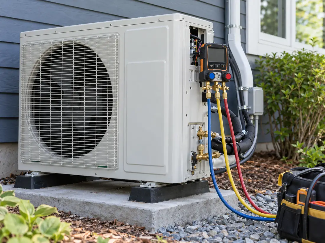 Mini-split outdoor unit connected to service hoses and commissioning instruments