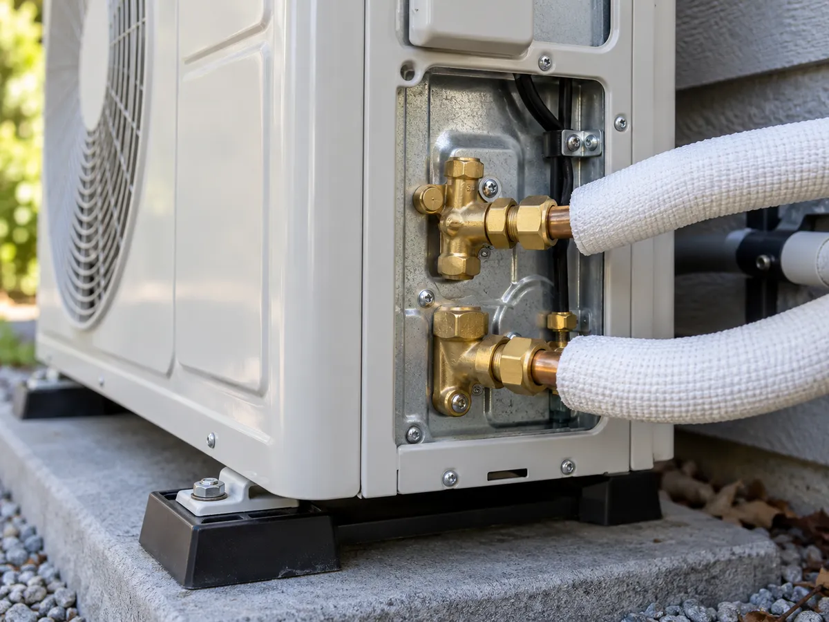 Close-up of insulated refrigerant connections and service valves on an outdoor unit