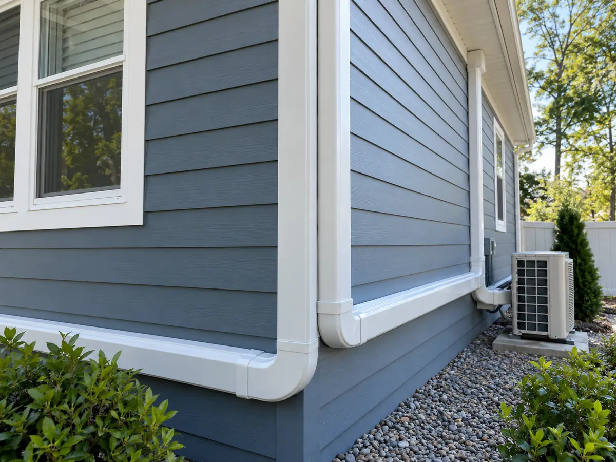 Long exterior line-set cover routed around a house corner toward an outdoor unit