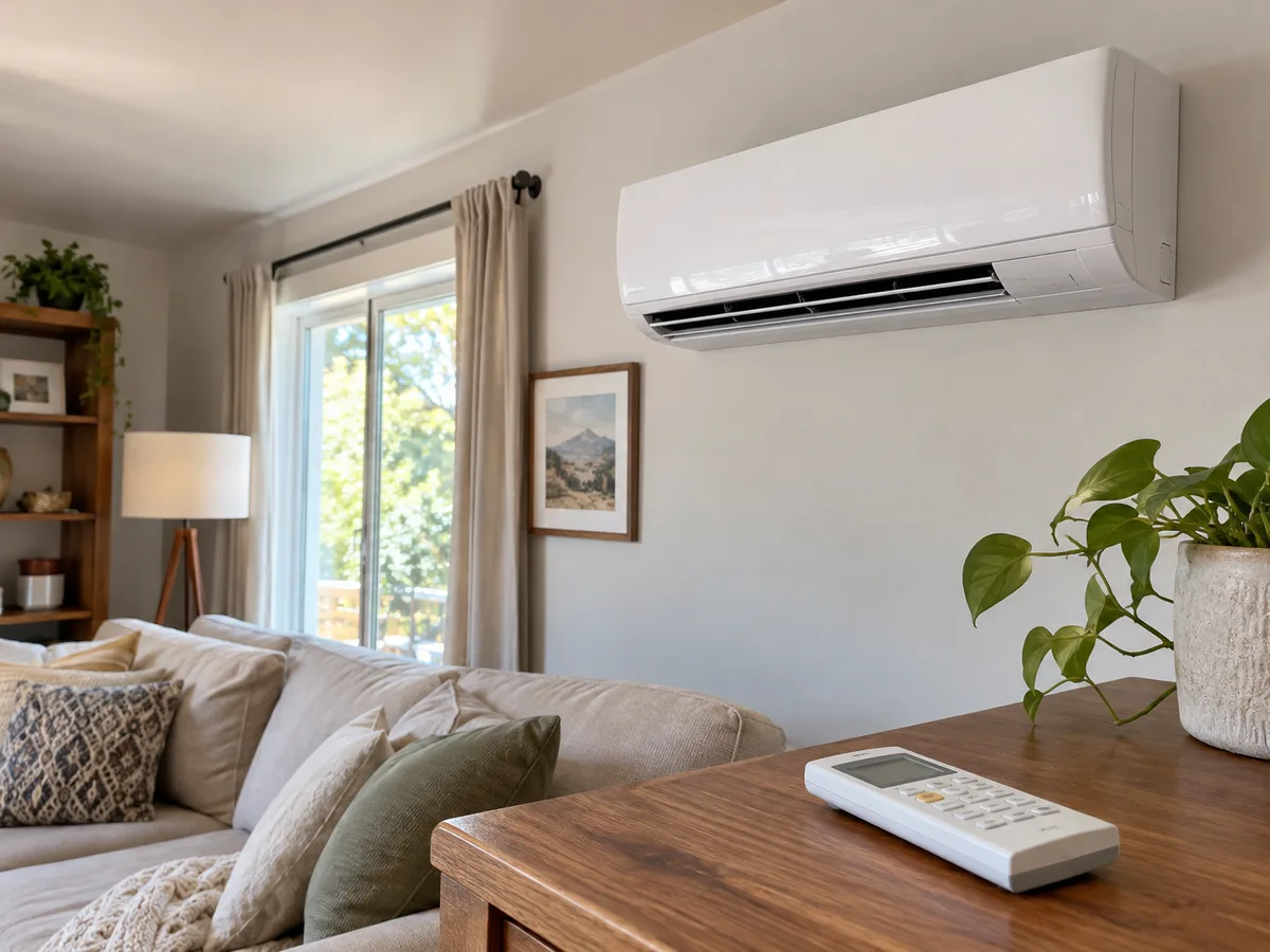 Installed wall-mounted ductless indoor unit with its handheld remote control nearby