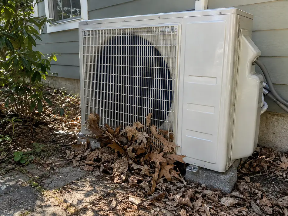 Outdoor condenser grille partly blocked by dry leaves and nearby debris