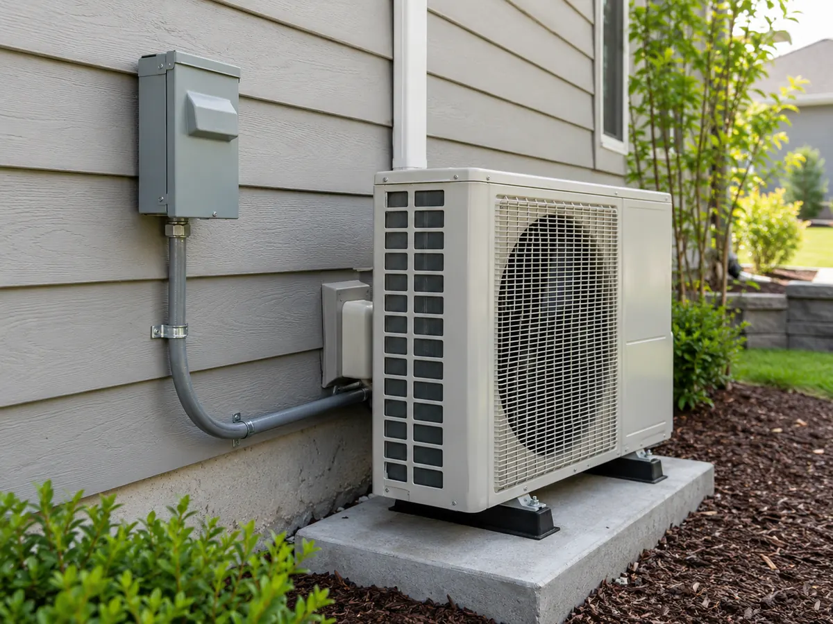 Outdoor mini-split condenser beside an electrical disconnect and conduit