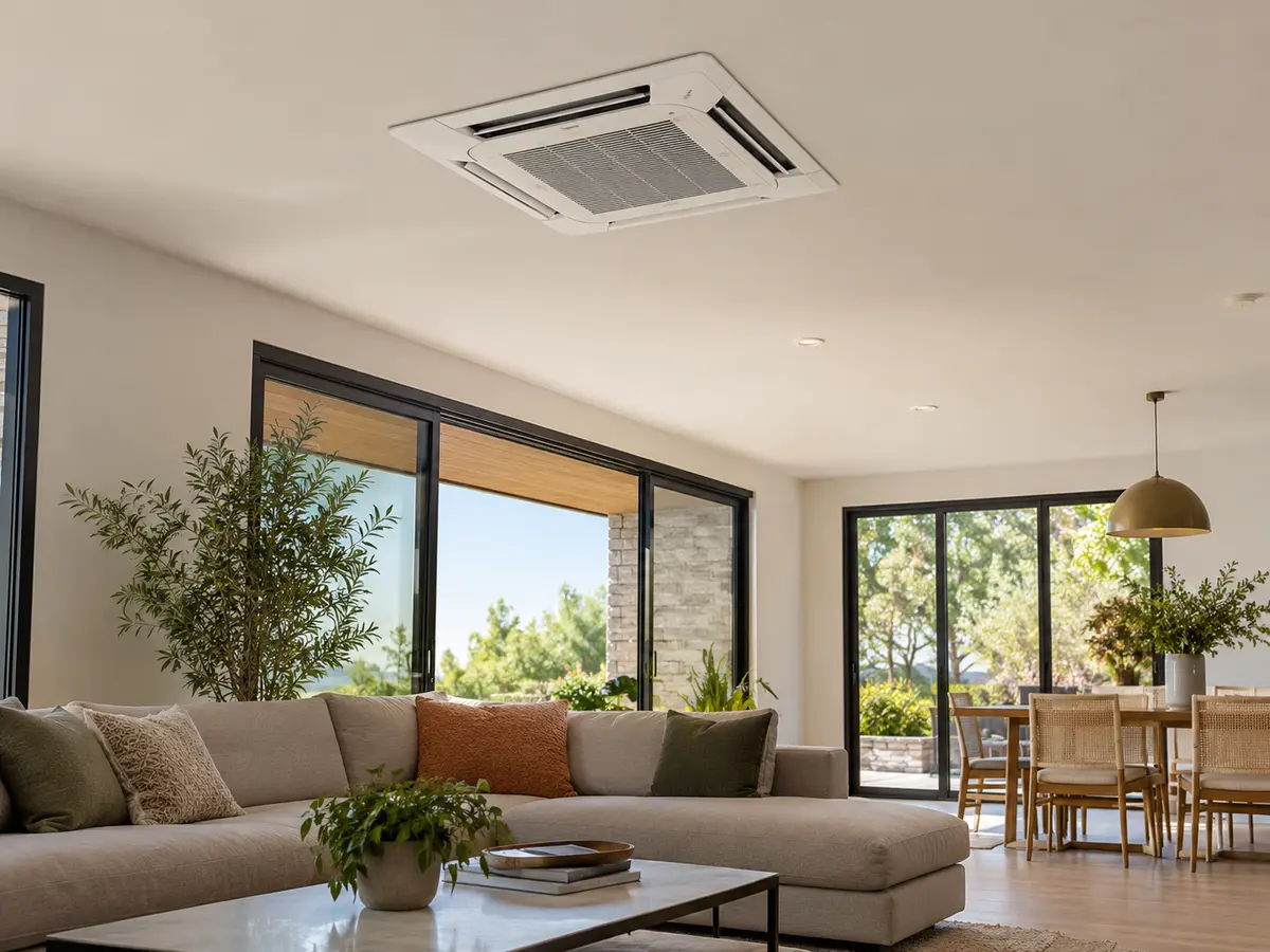 Ceiling-cassette indoor unit installed in a residential living and dining room