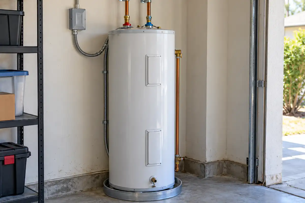 Illustrative electric resistance storage water heater with access panels and electrical conduit