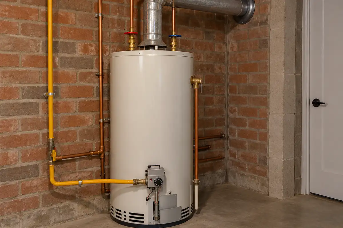 Illustrative gas storage water heater with exhaust flue and gas connection