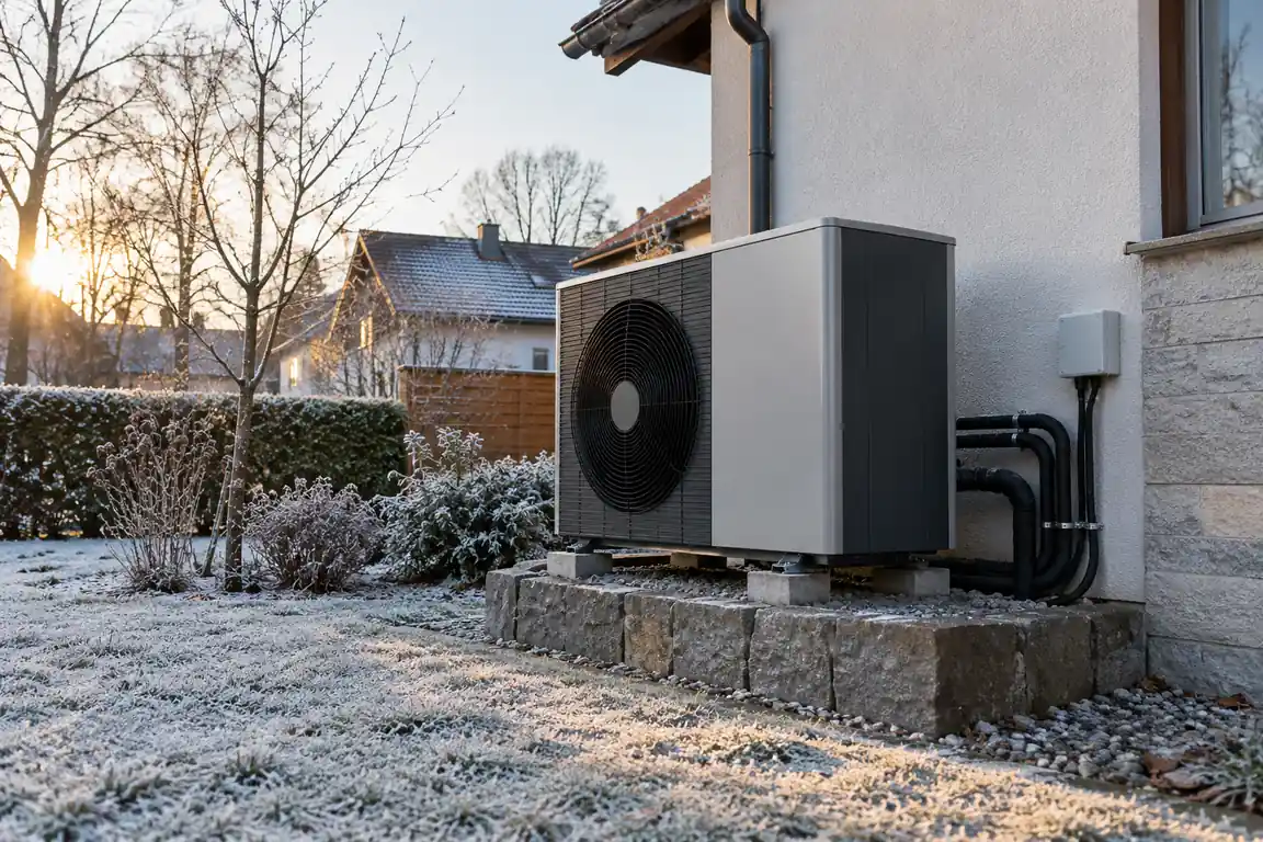 AI-generated illustration of an outdoor heat pump in a frosty residential garden