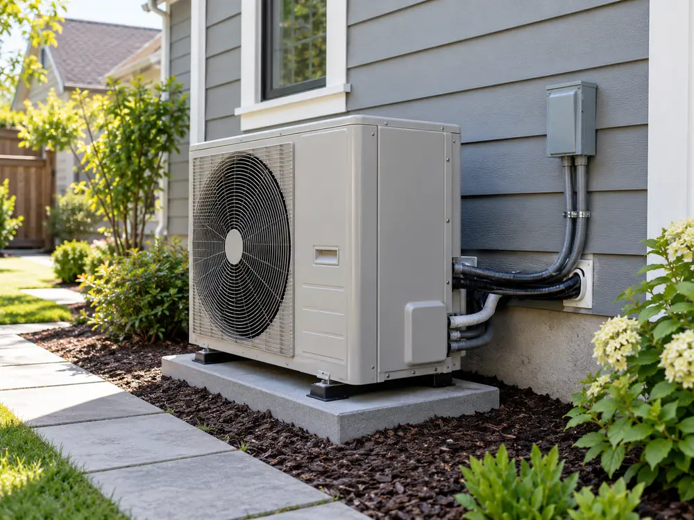 Outdoor heat pump installed beside a landscaped residential home