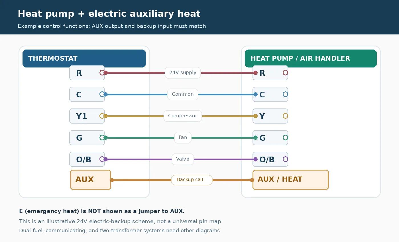 Heat pump thermostat wiring with electric auxiliary heat