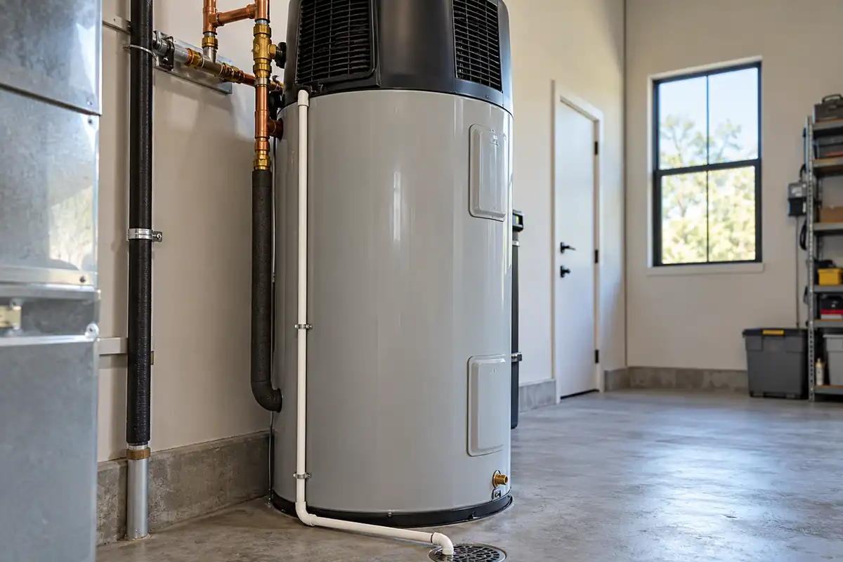 Illustrative heat pump water heater with white condensate pipe leading toward a floor drain