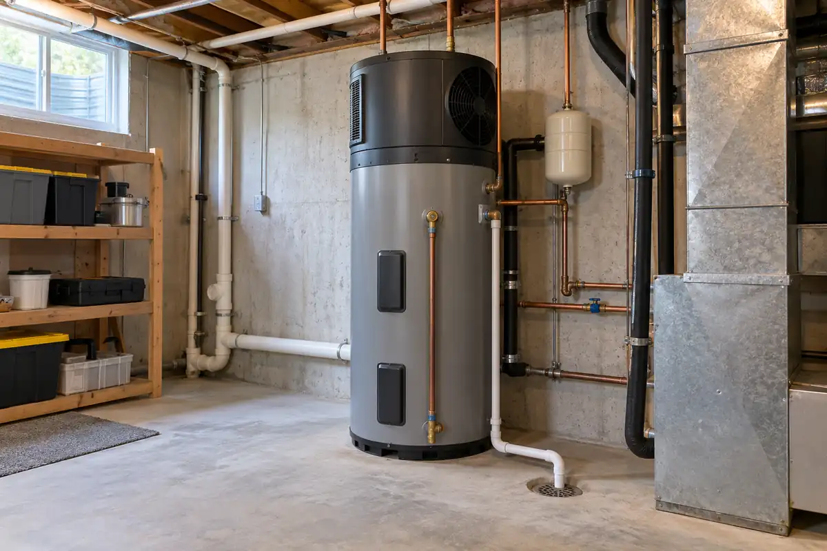 Illustrative heat pump water heater in a utility room with air openings, copper pipes and a drain